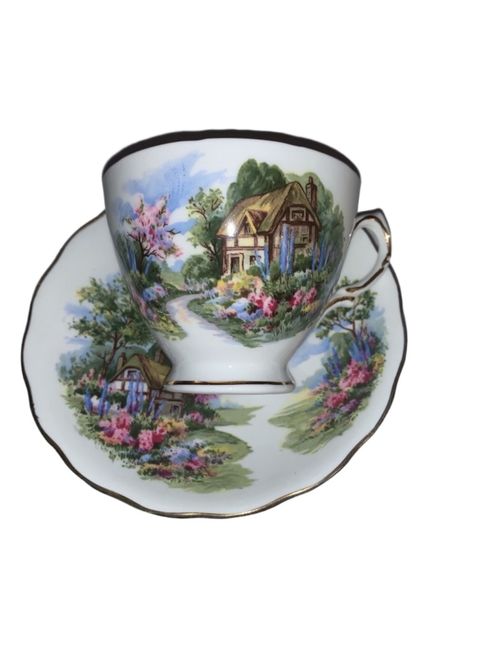 Royal Vale Teacup and Saucer Set, Multicolor house scene
